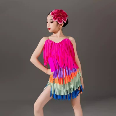 Girls kids colorful fringe competition latin dance dresses for children salsa rumba ballroom dancing costumes for children
